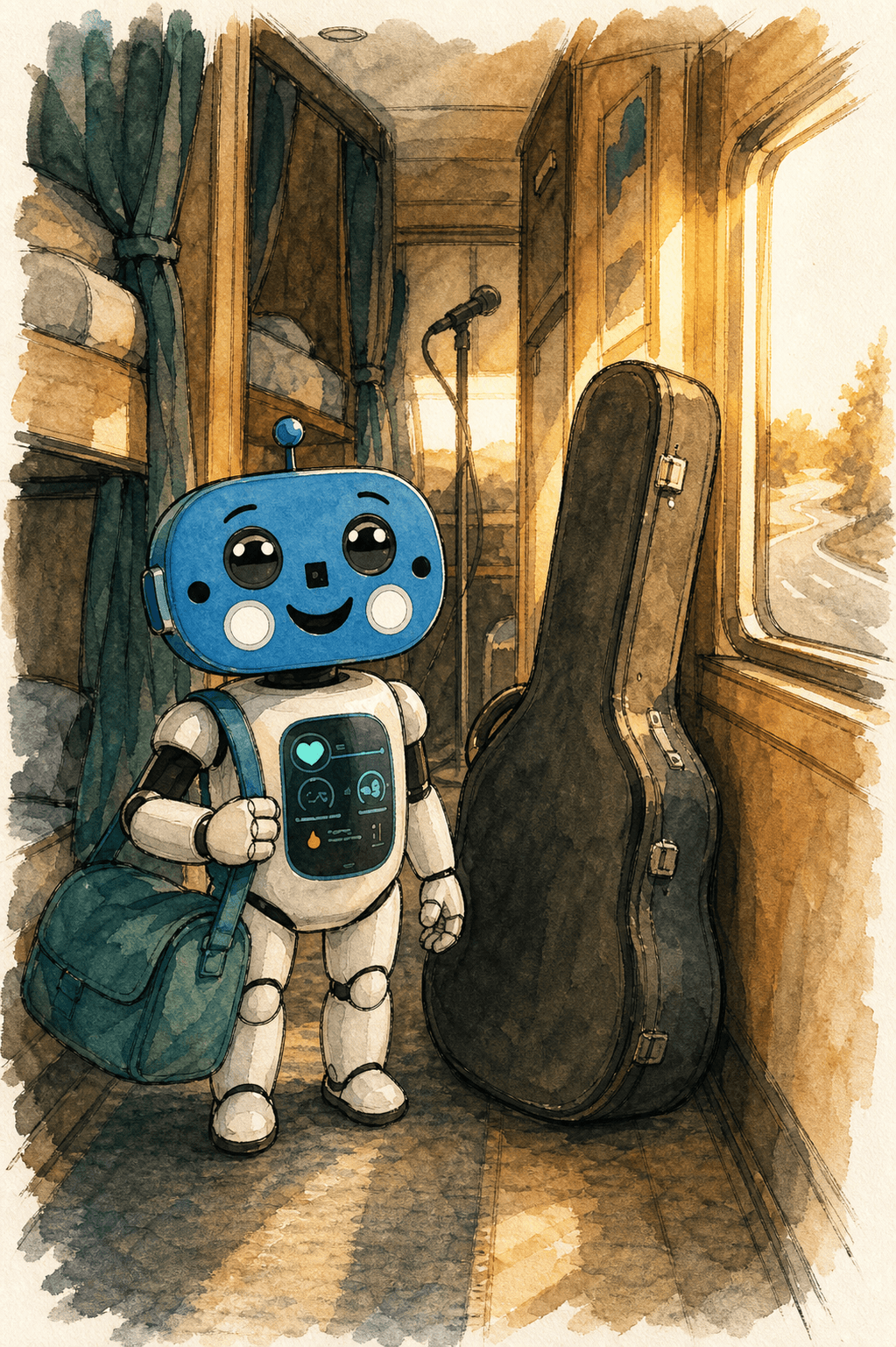 Flashy on a tour bus with a duffle bag and guitar case