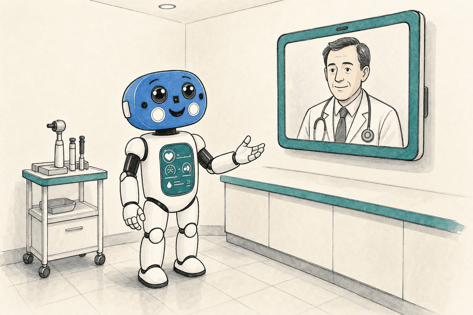 Flashy at a telehealth station with a doctor on a monitor